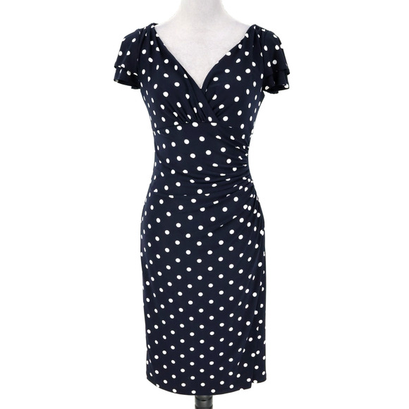 Lauren Ralph Lauren Dresses & Skirts - LRL Ralph Lauren Dress Womens 4 Navy Blue White Polka Dot Stretch Knit Faux Wrap